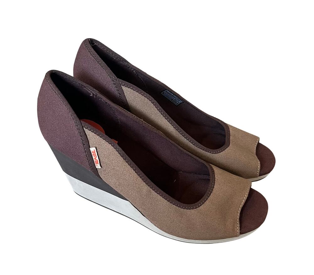 Teva Mush 'Promenade' Women's 10 Brown Canvas Platform Wedge Heel Peep Toe Shoe